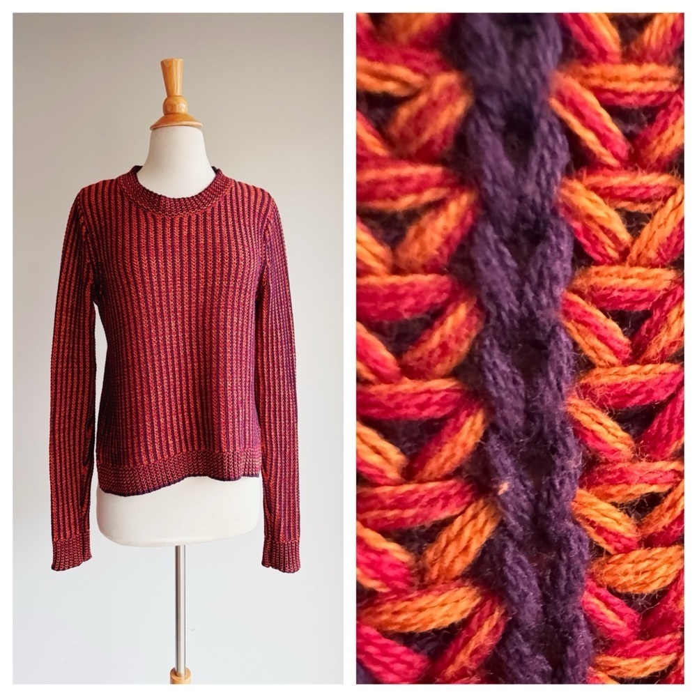 CABI Chunky Knit Stripe Sweater — Red, Orange, and Plum (Size S)